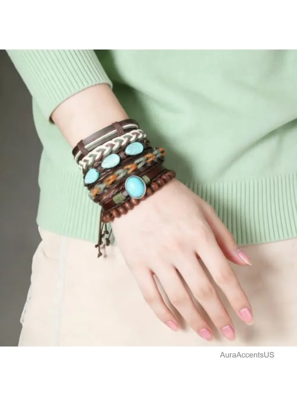Boho Turquoise Leather Wrap Bracelet Multilayer Stack Adjustable Cuff Unisex